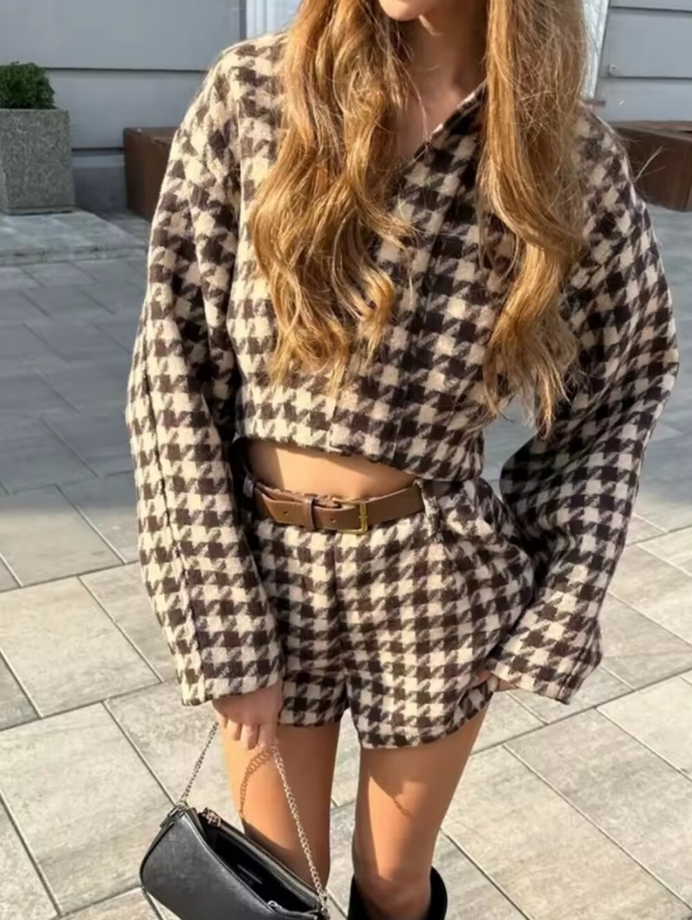 Retro Brown Houndstooth Lapel Cropped Shirt Sets Vintage Long Sleeve High Waist
